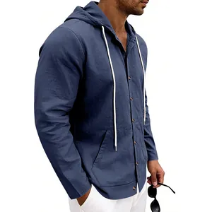 Side profile detail of a men's navy blue linen hooded shirt for casual beach wear