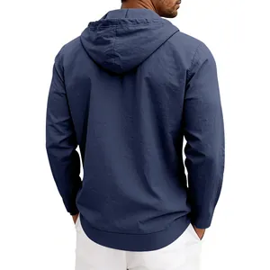 Back view of a navy blue men's loose linen hooded long-sleeve casual beach shirt