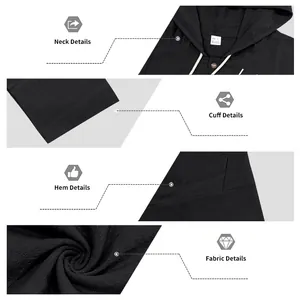 Macro view of black linen hooded shirt showing neck, cuff, hem and fabric texture