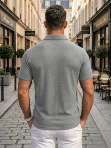 Back view of a grey textured jacquard polo shirt for men in stylish casual street look