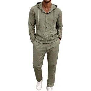 Detailed view of men's olive green linen casual hooded shirt and matching pants set