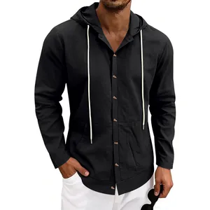 Detail shot of men's casual black linen hooded long-sleeved shirt with buttons.