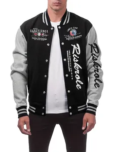 Detailed front view of men's black and grey varsity jacket with white script print