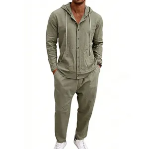 Men's olive green loose linen hooded long-sleeve shirt and matching trousers set.