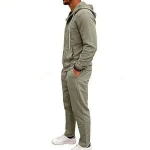 Men's sage green linen hooded long sleeve shirt and matching pants set side view.