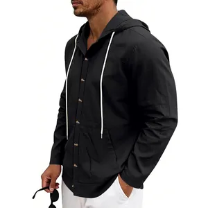Side view profile of a men's casual black linen hooded shirt featuring button details