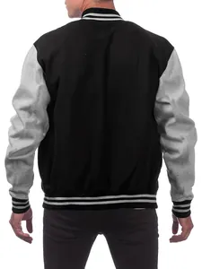 Back view of a classic black and grey men's varsity baseball jacket with ribbed cuffs.