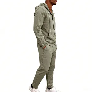 Side view detail of men's sage green linen hooded shirt and matching trousers set