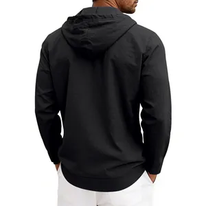 Back view of a casual black hooded long-sleeve linen shirt for men on a white background
