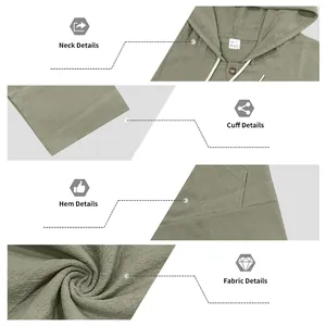 Detailed macro view showing neck, cuff, hem and linen fabric of green hooded shirt