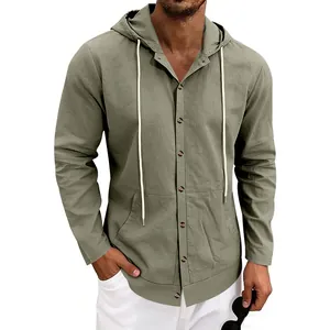 Detailed view of army green linen hooded long sleeve shirt for men's casual beachwear