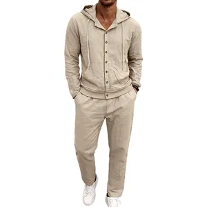 Full body display of a men's casual beige linen hooded shirt and matching trousers