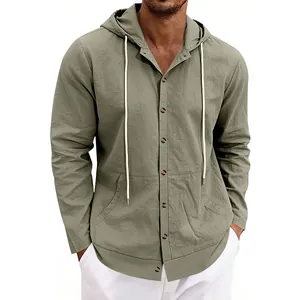 Detail view of men's olive green linen hooded shirt with button closure