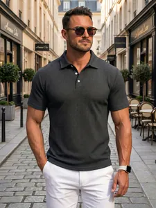 Close-up detail of men's dark gray jacquard polo shirt with a unique textured weave