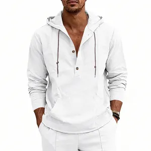 Casual ανδρικό λευκό λινό πουκάμισο Henley με κουκούλα, κορδόνι και μπροστινή τσέπη