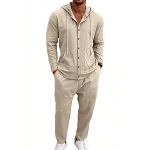 Men's two-piece linen vacation set with hooded shirt and loose trousers in beige
