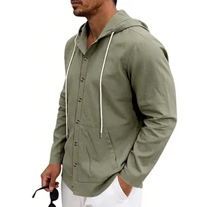 Detailed view of men's olive green linen hooded shirt with drawstrings and dark buttons