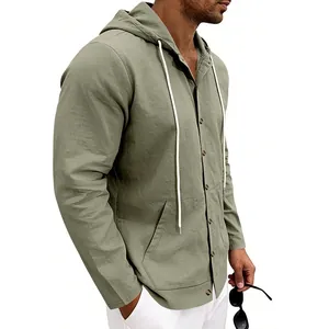 Side view of a men's sage green linen hooded shirt showing pocket and button details.
