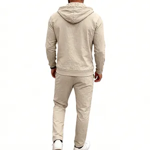 Men's beige linen set featuring a hooded long-sleeve shirt and pants from behind view.