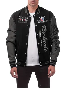 Front view detail of men's stand collar baseball jacket with vintage letter prints