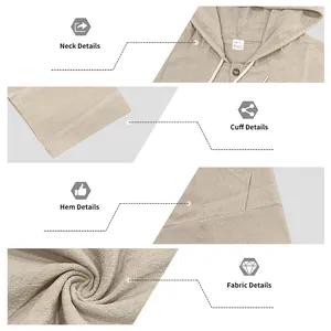 Detailed view of the fabric, neck, cuff, and hem of this men's casual linen hoodie.
