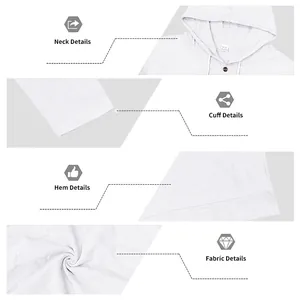 Detailansichten von Kapuze, Manschetten, Saum und Stoffstruktur des weißen Leinenhoodies.