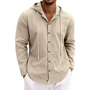 Men's casual khaki hooded linen shirt with front buttons and pockets for beach wear