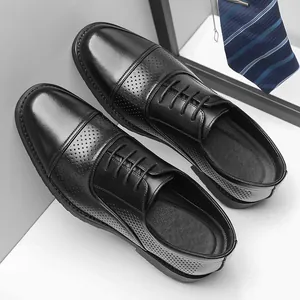 Men Business Formal Leather Shoes First Layer Cowhide Hollow Out Perforated Cap Toe British Style Square Toe Slip On Soft Sole Dress Shoes