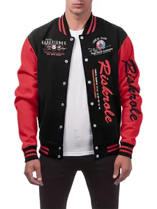Detailed view of men's black and red varsity jacket with naval-themed letter prints.