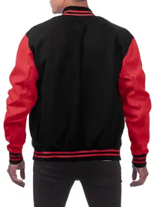 Rear view of a classic men's black and red varsity baseball jacket with stand collar