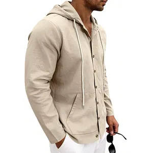Close-up view of beige men's linen hooded long sleeve shirt featuring button-down style