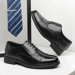 Men's black hollowed-out business dress shoes with perforated three-joint cap-toe design