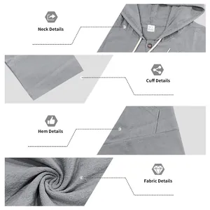 Detailed macro views of grey linen hooded shirt showing fabric texture, neck, and cuffs