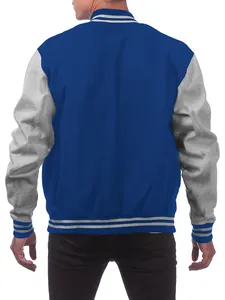 Back view of a classic blue and grey men's varsity baseball jacket with striped rib trims