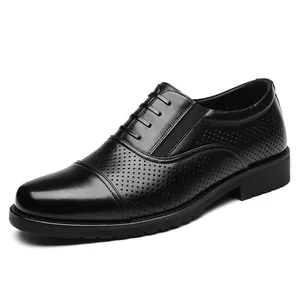 Men's classic black business leather dress shoes with perforated breathable cap-toe design