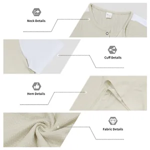 Vista detallada de la camiseta Henley de punto tipo gofre para hombre, cuello, puños y tejido.