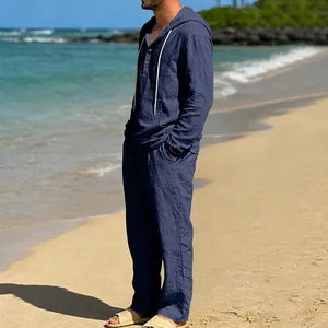 Marineblaues Herren-Leinen-Set mit langärmeligem Kapuzenhemd und passender Hose
