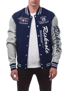 Men's navy and grey varsity jacket featuring white letter prints on chest and sleeve