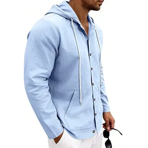 Side view of light blue men's linen hooded long sleeve shirt with wood buttons