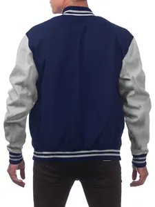 Men's navy and grey varsity jacket back view with striped ribbed trim.