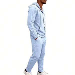Detailed view of light blue linen men's casual two-piece set with hooded shirt and pants