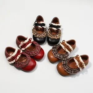 Classic vintage style girls' Mary Jane shoes with lace and bow details in three colors