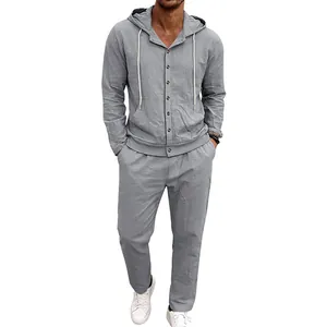 Grey men's linen casual set featuring hooded button-down shirt and loose trousers