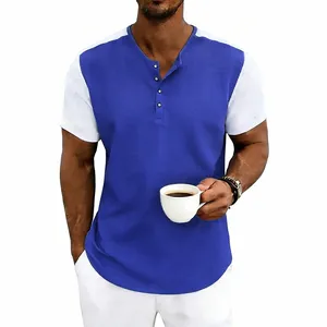 Camiseta Henley para hombre en punto gofrado azul y blanco de manga corta