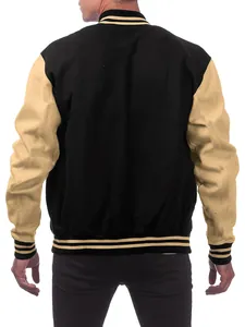 Back view of men's black and tan varsity jacket with striped ribbed collar and cuffs