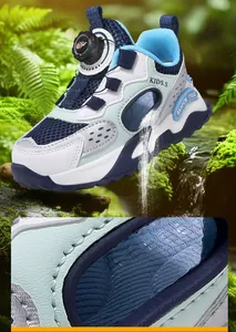 Close-up detail of breathable hollow mesh and rotary dial closure on kids' sneaker