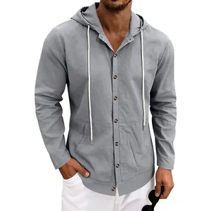Close-up of men's grey linen long-sleeve hooded shirt with front buttons and pockets
