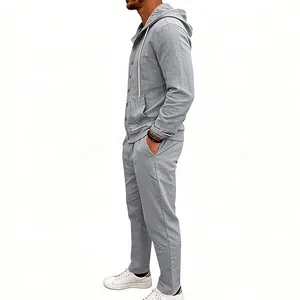Side view of men's gray linen hooded long sleeve shirt and matching pants set.