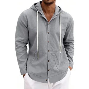 Close-up of a men's loose casual grey linen hooded shirt with button-down front detail