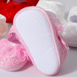 Pink lace baby shoes with non-slip dot glue soft sole for infant toddlers